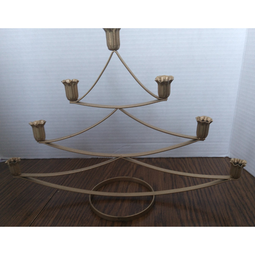 Gold Tone Metal Christmas Tree Tabletop Candle Holder Holds 7 Candles